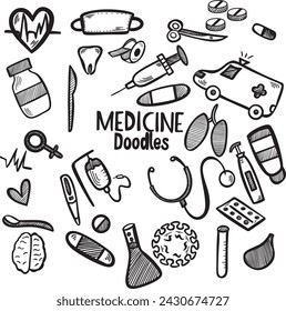 Hand drawn medicine icon set. Medical sketched collection. Healthcare, pharmacy doodle icons. Vector illustrations.Isolated on white,drawn with brush.