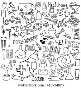 Hand drawn medicine icon set. Medical sketched collection. Healthcare, pharmacy doodle icons. Vector illustrations.