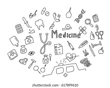 Hand Drawn Medicine Icon Set. Medical Healthcare, Pharmacy Doodle Icons