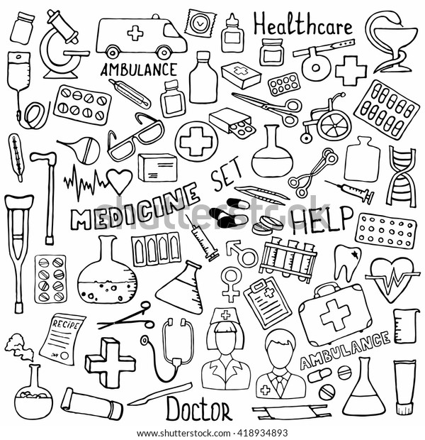 Hand Drawn Medicine Icon Set Medical Stock Vector (Royalty Free) 418934893