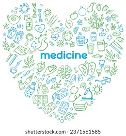 Hand drawn medicine icons doodle set - Medicines, medical products, tablets, medical equipment on a white background. Health care, pharmacy icons. Vector illustration.