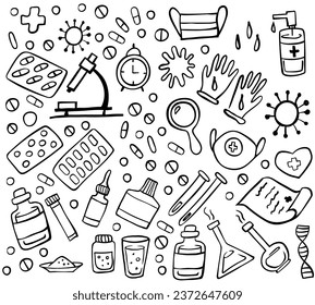 Iconos de medicina dibujados a mano conjunto de doodles - Medicamentos, productos médicos, comprimidos, equipo médico sobre fondo blanco. Atención de salud, íconos de farmacia. Ilustración vectorial.