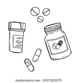 Hand drawn medicine pills, tablet, capsule and package bottle isolated on white background. Pills cartoon sketch