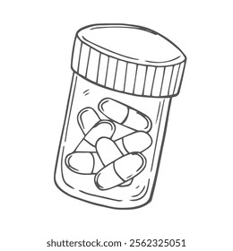 Hand drawn medicine pills, tablet, capsule and package bottle isolated on white background. Pills cartoon sketch