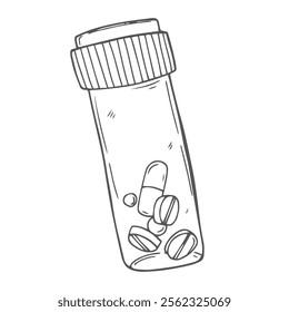 Hand drawn medicine pills, tablet, capsule and package bottle isolated on white background. Pills cartoon sketch