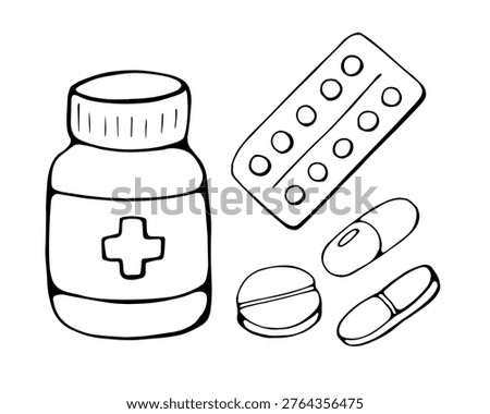 Hand drawn medicine set with pills capsules and bottle representing healthcare pharmacy and treatment concept simple doodle vector illustration isolated on white background