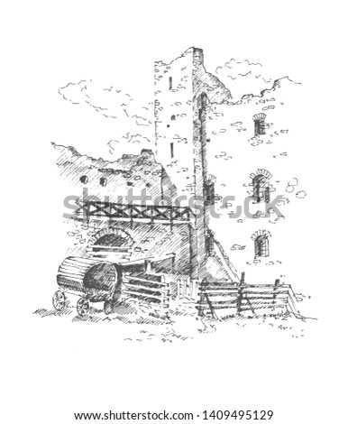 Hand drawn medieval castle, castle courtyard.