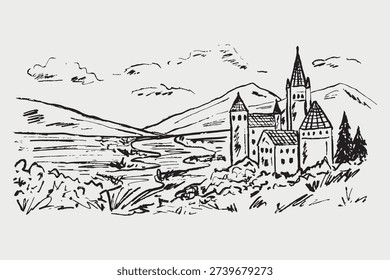 Hand drawn medieval castle landscape, perfect for fantasy book covers, game design, educational history materials, and decorative art prints. Vector sketch illustration in vintage crayon charcoal