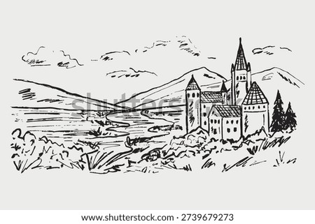 Hand drawn medieval castle landscape, perfect for fantasy book covers, game design, educational history materials, and decorative art prints. Vector sketch illustration in vintage crayon charcoal