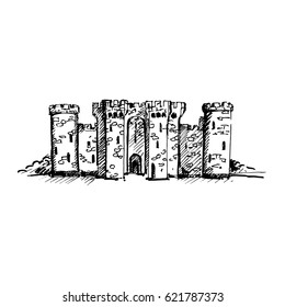 Hand drawn medieval castle sketch. Vector illustration.