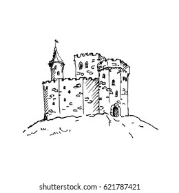 Hand drawn medieval castle sketch. Vector illustration.