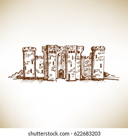 Hand drawn medieval castle sketch. Vector illustration.