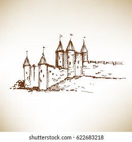 Hand drawn medieval castle sketch. Vector illustration.