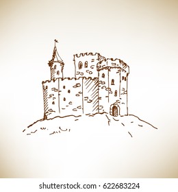 Hand drawn medieval castle sketch. Vector illustration.
