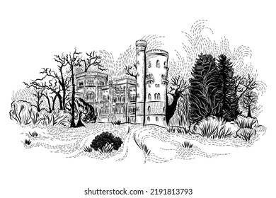 Hand drawn medieval castle with trees and pathway. Landscape vector illustration of countryside scenery.