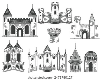 Hand drawn medieval castles drawing ancient building set in engraving black white style isolated on white background.