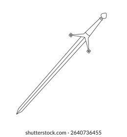 Hand drawn medieval claymore sword illustration. Black outline vector of a double-edged knight weapon with a detailed hilt and long blade, perfect for coloring pages and historical designs