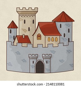 Hand drawn medieval european castle for ancient or fantasy map. Old knights gothic architecture. Funny doodle landmark.