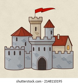 Hand drawn medieval european castle for ancient or fantasy map. Old knights gothic architecture. Funny doodle landmark. Towers, fort, 