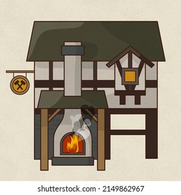 Hand drawn medieval forge. Blacksmith workshop and craft store. Fachwerk house with burning furnace. Traditional German architecture. Element for vintage or fantasy map. Signboard with crossed hammers