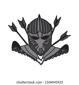Hand drawn Medieval knight head in helmet and armor pierced with arrows illustration. Isolated vector on a white background.