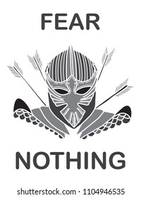 Hand drawn Medieval knight head in helmet and armor pierced with arrows illustration. Isolated vector on a white background. "Fear Nothing" lettering.