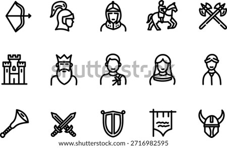 Hand Drawn Medieval Knight and Warrior Icons Set in Outline Style
