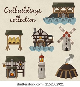 Hand Drawn Medieval Outbuilding Collection. Traditional European Saw Mill, Water And Windmill, Hive, Blacksmith Forge, Lighthouse And Charcoal Pile. Elements For Game Design Or Ancient Vintage Map. 