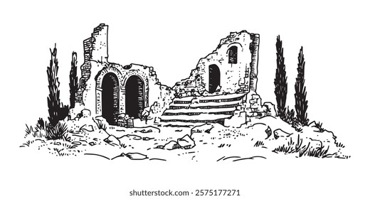 hand drawn medieval stone ruins with arches in black sketch style