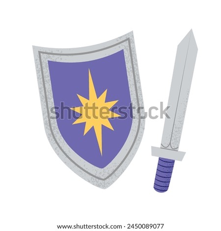 Hand drawn medieval sword and shield in flat cartoon style, isolated vector illustration