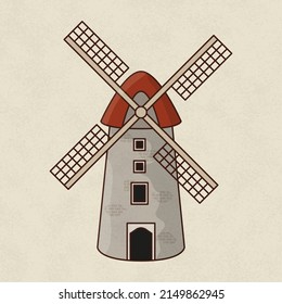 Hand drawn medieval tower windmill. Old mill with propeller. Architecture symbol of Netherlands. Element for vintage or fantasy map. 