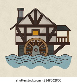 Hand drawn medieval water mill. Fachwerk house on water with wheel. Traditional German architecture. Element for vintage or fantasy map. 