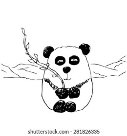 Hand drawn Meditating Panda with bamboo. Vector sketch.