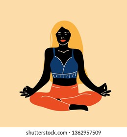 hand drawn meditation black girl flat pop art design style vector illustration