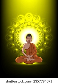 Pintura de vector Buda de meditación dibujada a mano con un fondo aura brillante.