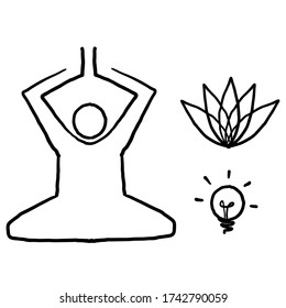 hand drawn Meditation Practice and Yoga Vector Line Icons Set. Relaxation, Inner Peace, Self-knowledge, Inner Concentration, Spiritual Practice.doodle