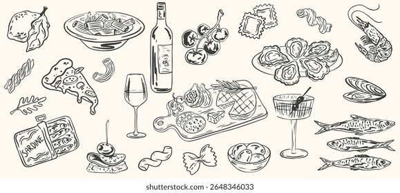 Hand drawn mediterranean crayon food illustration. Sketch style lunch or dinner. Vector of Italian homemade pasta, wine, charcuterie illustrations for invitations, menus. La dolce vita italian style 