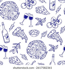 Hand drawn Mediterranean cuisine seamless pattern. Italy la dolce vita coast food coastal print, wrap paper, retro fabric, textile design. Doodle sketch crayon drawing style vector illustration.