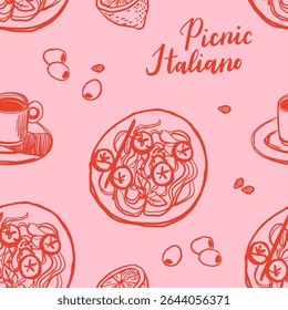Motif harmonieux de cuisine méditerranéenne dessinée à la main. Italie la dolce vita côte nourriture impression côtière, papier d'emballage, tissu rétro, conception textile. Illustration vectorielle de style dessin crayon esquisse griffonnage.