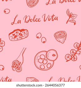 Motif harmonieux de cuisine méditerranéenne dessinée à la main. Italie la dolce vita côte nourriture impression côtière, papier d'emballage, tissu rétro, conception textile. Illustration vectorielle de style dessin crayon esquisse griffonnage.