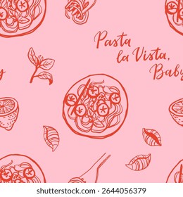 Motif harmonieux de cuisine méditerranéenne dessinée à la main. Italie la dolce vita côte nourriture impression côtière, papier d'emballage, tissu rétro, conception textile. Illustration vectorielle de style dessin crayon esquisse griffonnage.