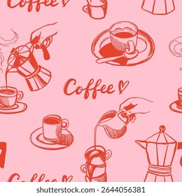 Motif harmonieux de cuisine méditerranéenne dessinée à la main. Italie la dolce vita côte nourriture impression côtière, papier d'emballage, tissu rétro, conception textile. Illustration vectorielle de style dessin crayon esquisse griffonnage.