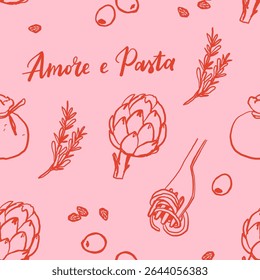 Motif harmonieux de cuisine méditerranéenne dessinée à la main. Italie la dolce vita côte nourriture impression côtière, papier d'emballage, tissu rétro, conception textile. Illustration vectorielle de style dessin crayon esquisse griffonnage.