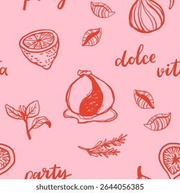 Hand drawn Mediterranean cuisine seamless pattern. Italy la dolce vita coast food coastal print, wrap paper, retro fabric, textile design. Doodle sketch crayon drawing style vector illustration.