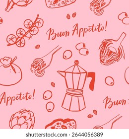Motif harmonieux de cuisine méditerranéenne dessinée à la main. Italie la dolce vita côte nourriture impression côtière, papier d'emballage, tissu rétro, conception textile. Illustration vectorielle de style dessin crayon esquisse griffonnage.