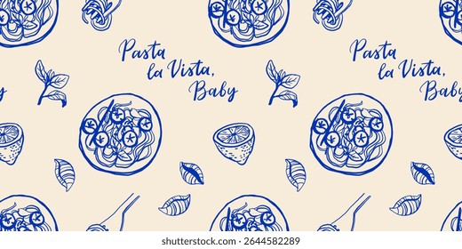 Cozinha mediterrânica desenhada à mão padrão sem costura. Itália la dolce vita costa comida impressão, papel de embrulho, tecido retro, design têxtil. Desenho de rabiscar desenho giz estilo desenho vetor ilustração.