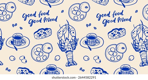 Hand drawn Mediterranean cuisine seamless pattern. Italy la dolce vita coast food coastal print, wrap paper, retro fabric, textile design. Doodle sketch crayon drawing style vector illustration.