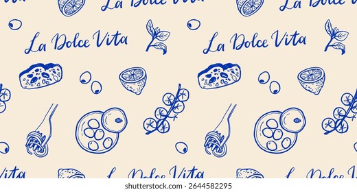 Hand drawn Mediterranean cuisine seamless pattern. Italy la dolce vita coast food coastal print, wrap paper, retro fabric, textile design. Doodle sketch crayon drawing style vector illustration.