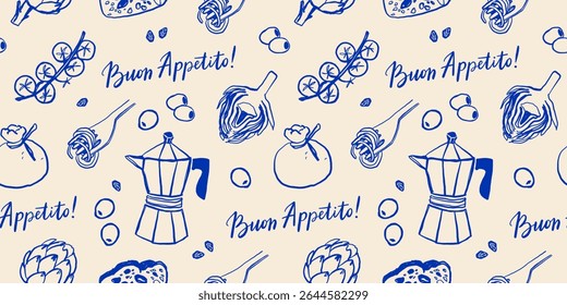 Cozinha mediterrânica desenhada à mão padrão sem costura. Itália la dolce vita costa comida impressão, papel de embrulho, tecido retro, design têxtil. Desenho de rabiscar desenho giz estilo desenho vetor ilustração.