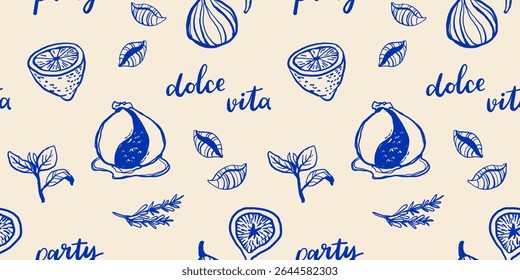 Cozinha mediterrânica desenhada à mão padrão sem costura. Itália la dolce vita costa comida impressão, papel de embrulho, tecido retro, design têxtil. Desenho de rabiscar desenho giz estilo desenho vetor ilustração.